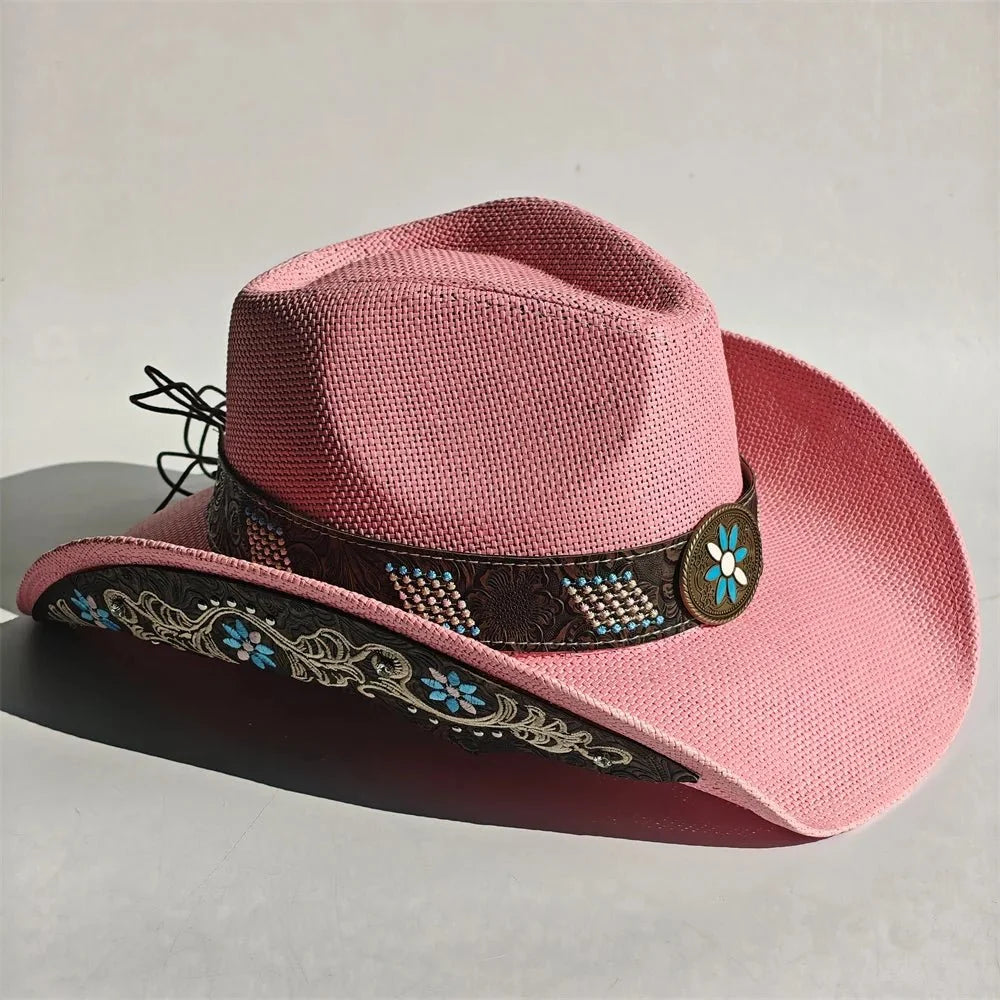 Embroidered Straw Cowboy Hat - Western Sun Hat for Women Men - Country Rodeo Cowgirl