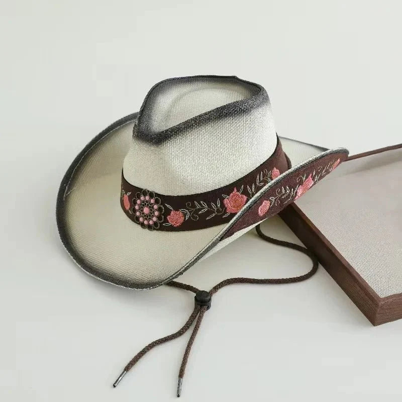 Embroidered Straw Cowboy Hat - Western Sun Hat for Women Men - Country Rodeo Cowgirl