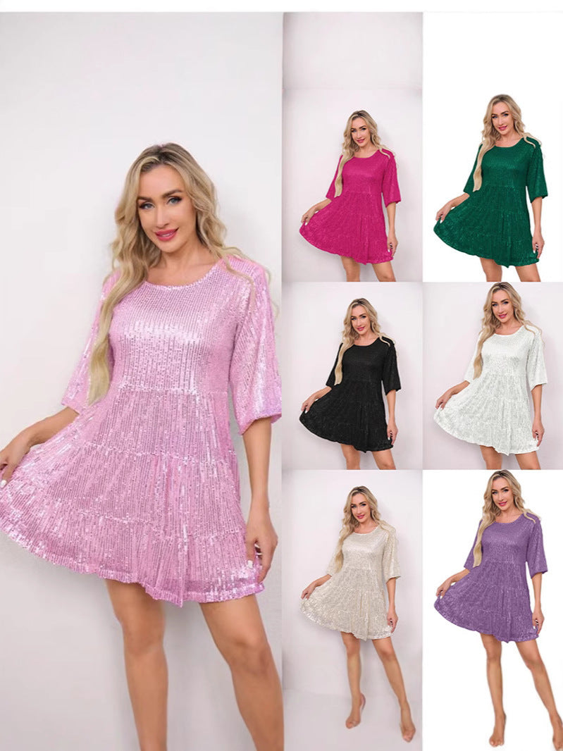 Europe and the United States cross-border foreign trade new popular fashion solid color loose waist short sleeve skirt sequined dress banquet dress