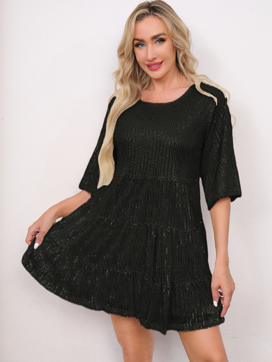 Europe and the United States cross-border foreign trade new popular fashion solid color loose waist short sleeve skirt sequined dress banquet dress