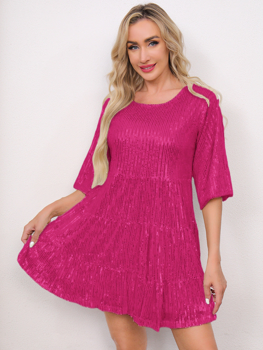 Europe and the United States cross-border foreign trade new popular fashion solid color loose waist short sleeve skirt sequined dress banquet dress