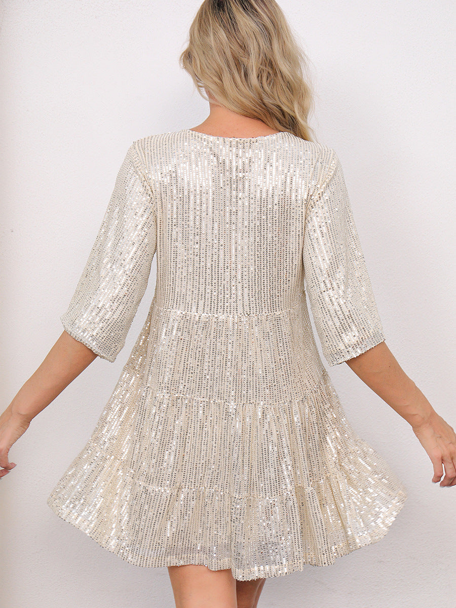 Europe and the United States cross-border foreign trade new popular fashion solid color loose waist short sleeve skirt sequined dress banquet dress
