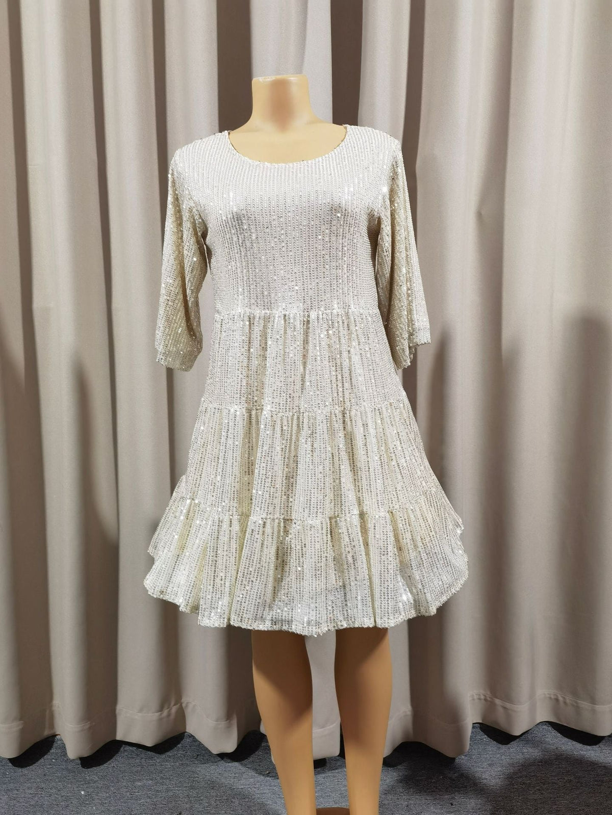 Europe and the United States cross-border foreign trade new popular fashion solid color loose waist short sleeve skirt sequined dress banquet dress
