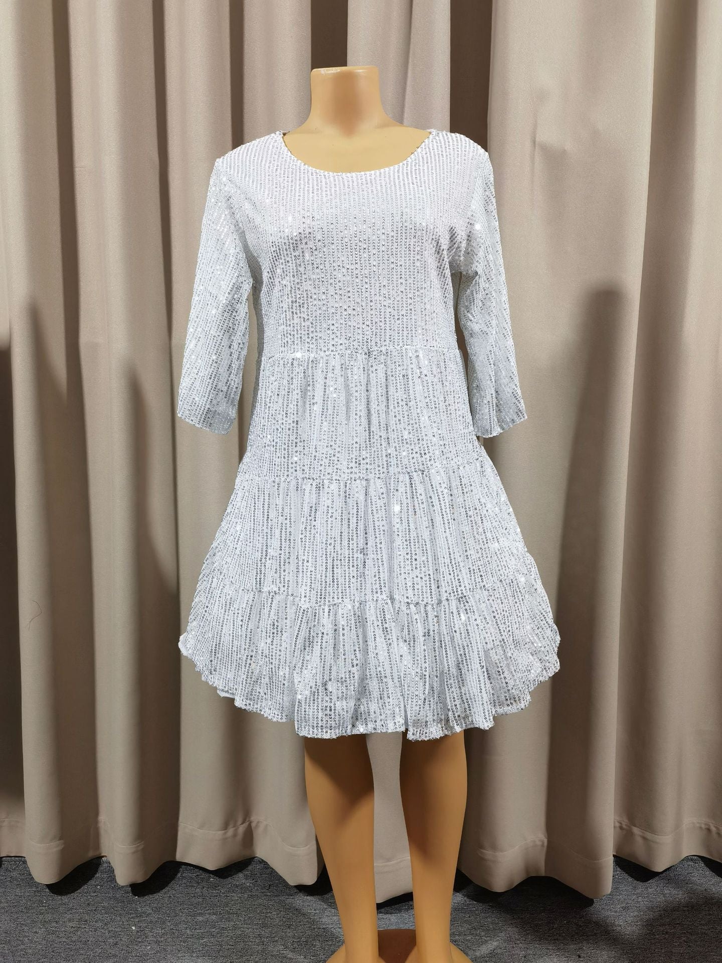 Europe and the United States cross-border foreign trade new popular fashion solid color loose waist short sleeve skirt sequined dress banquet dress