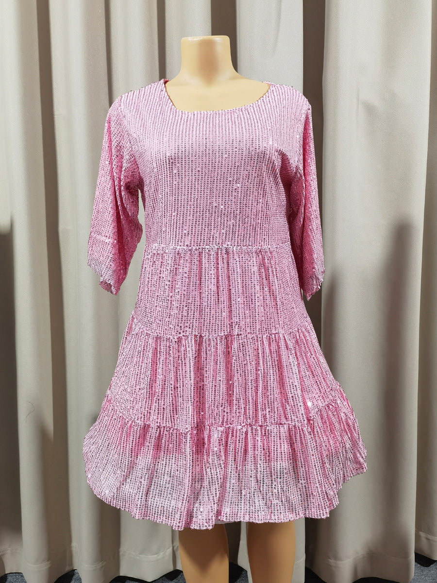 Europe and the United States cross-border foreign trade new popular fashion solid color loose waist short sleeve skirt sequined dress banquet dress