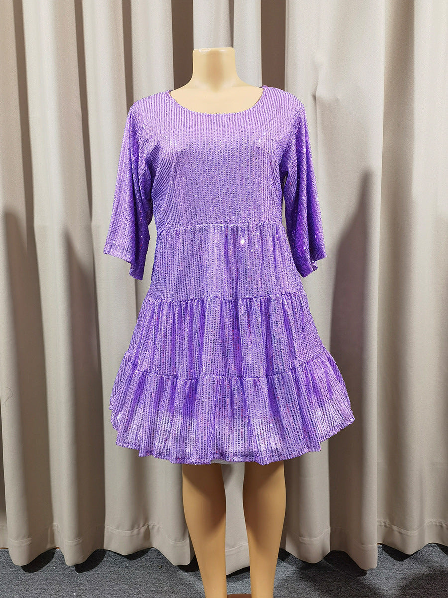 Europe and the United States cross-border foreign trade new popular fashion solid color loose waist short sleeve skirt sequined dress banquet dress