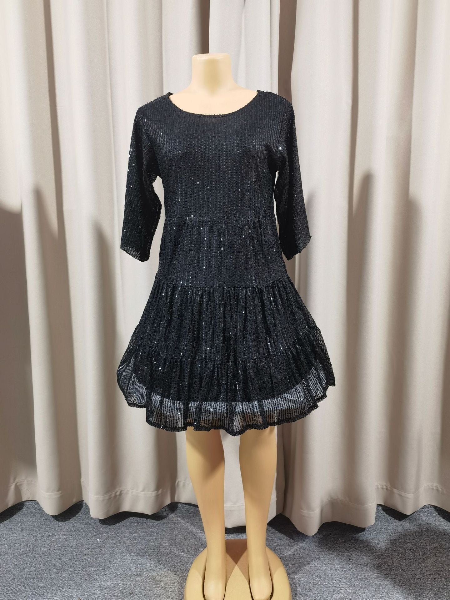 Europe and the United States cross-border foreign trade new popular fashion solid color loose waist short sleeve skirt sequined dress banquet dress