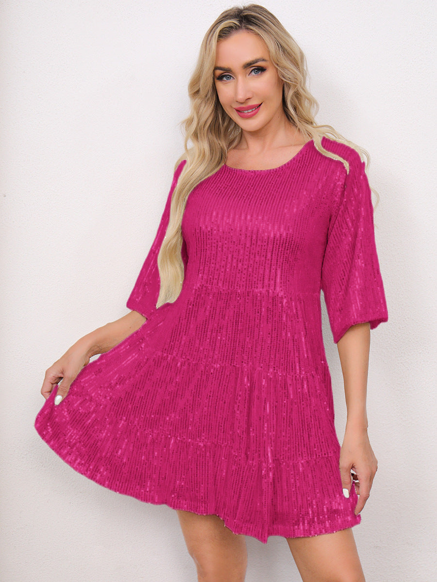 Europe and the United States cross-border foreign trade new popular fashion solid color loose waist short sleeve skirt sequined dress banquet dress