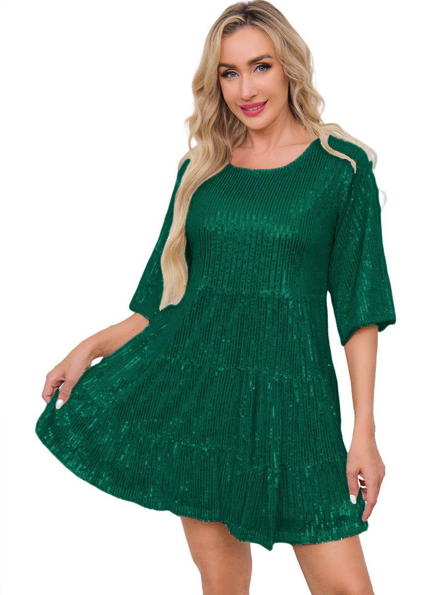 Europe and the United States cross-border foreign trade new popular fashion solid color loose waist short sleeve skirt sequined dress banquet dress