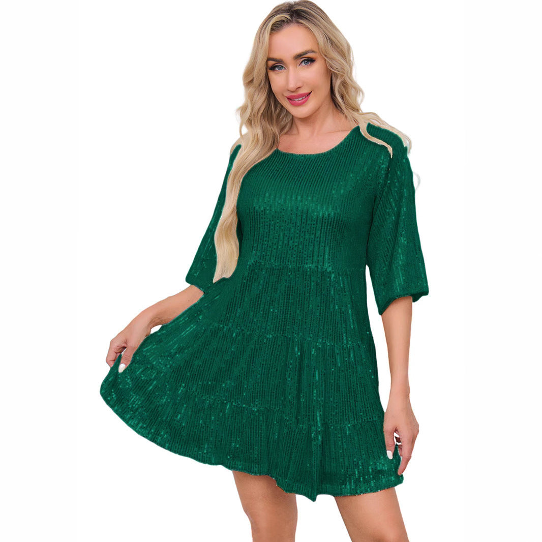 Europe and the United States cross-border foreign trade new popular fashion solid color loose waist short sleeve skirt sequined dress banquet dress