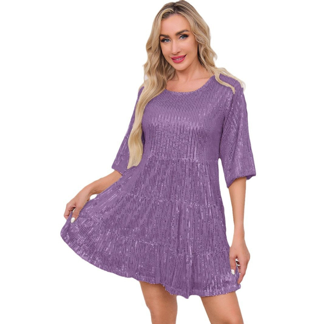 Europe and the United States cross-border foreign trade new popular fashion solid color loose waist short sleeve skirt sequined dress banquet dress