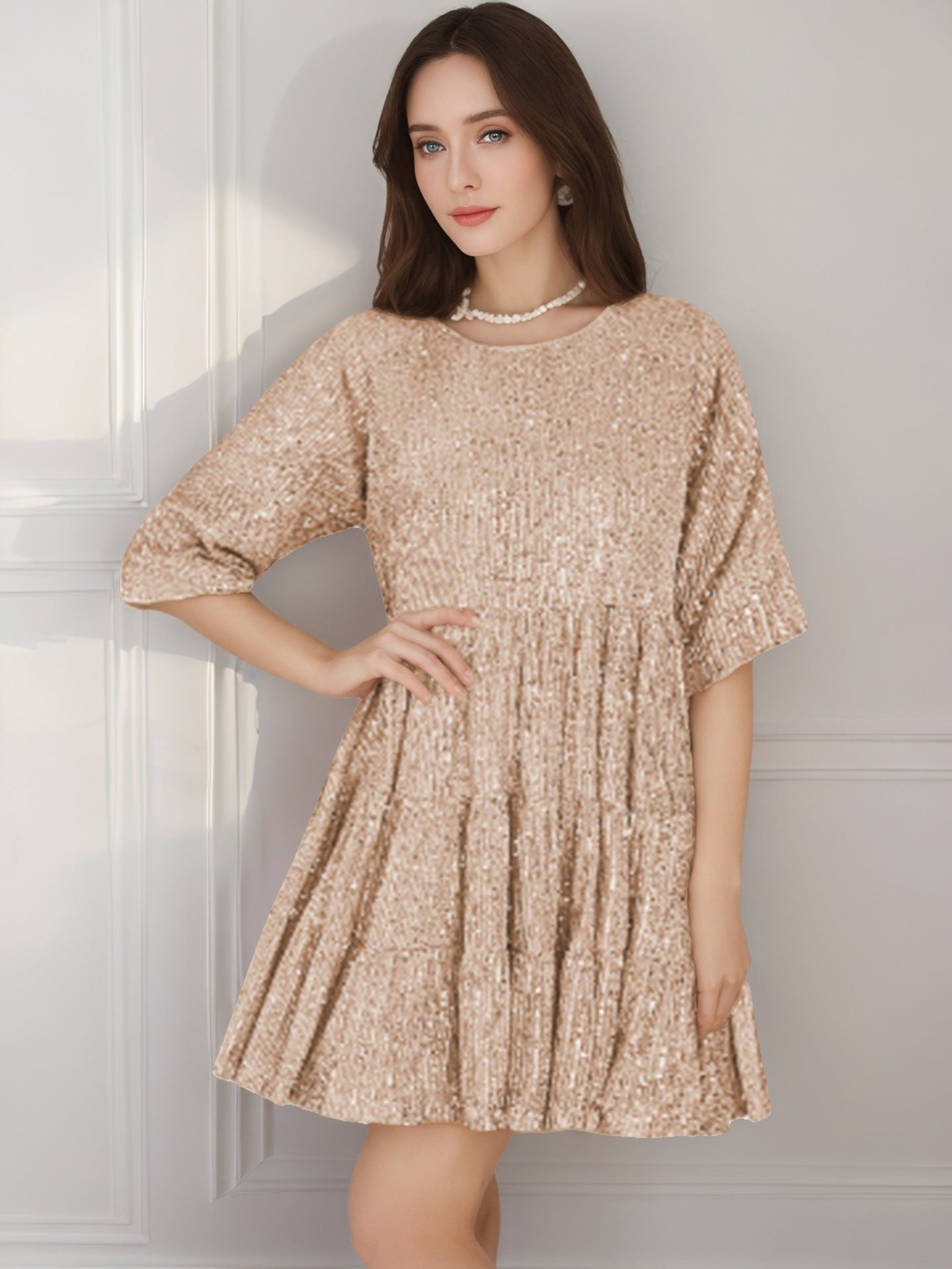 Europe and the United States cross-border foreign trade new popular fashion solid color loose waist short sleeve skirt sequined dress banquet dress