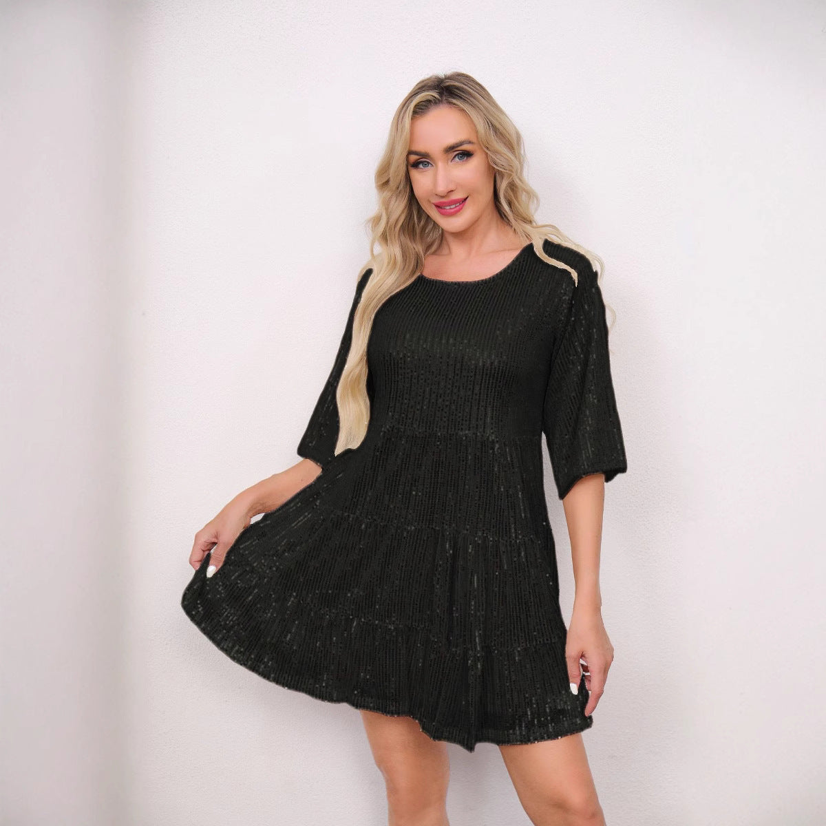 Europe and the United States cross-border foreign trade new popular fashion solid color loose waist short sleeve skirt sequined dress banquet dress