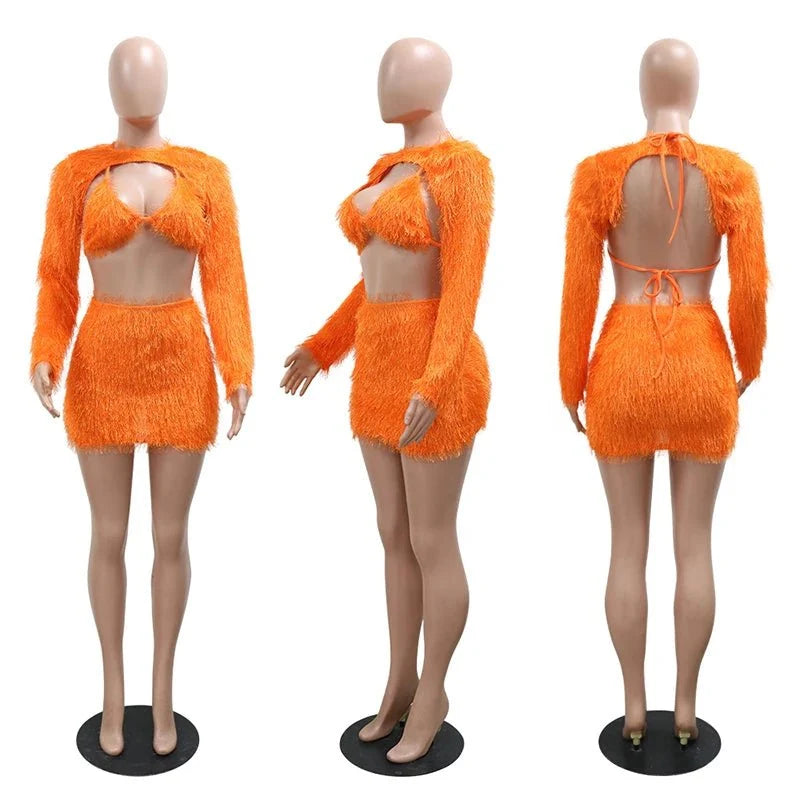 In Stock CY900970 Fleece 3 Piece Set Bikini Skirt Set Club Party Clothing for Ladies