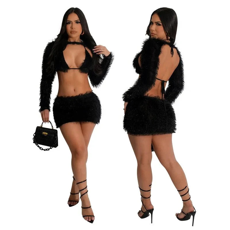 In Stock CY900970 Fleece 3 Piece Set Bikini Skirt Set Club Party Clothing for Ladies