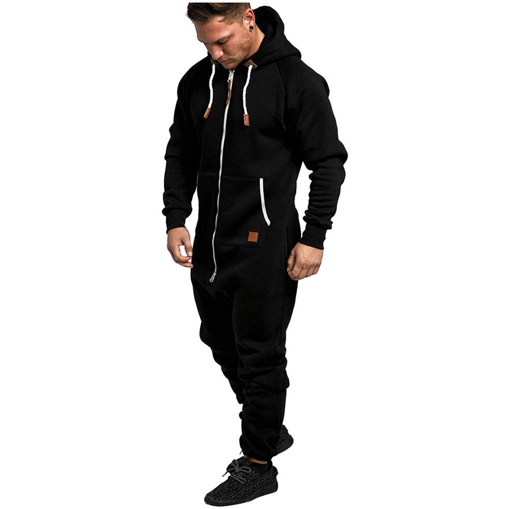 In-Stock New Foreign Trade Men's Hooded Fleece Jumpsuit Solid Color Casual Men's Suit Jumpsuit
