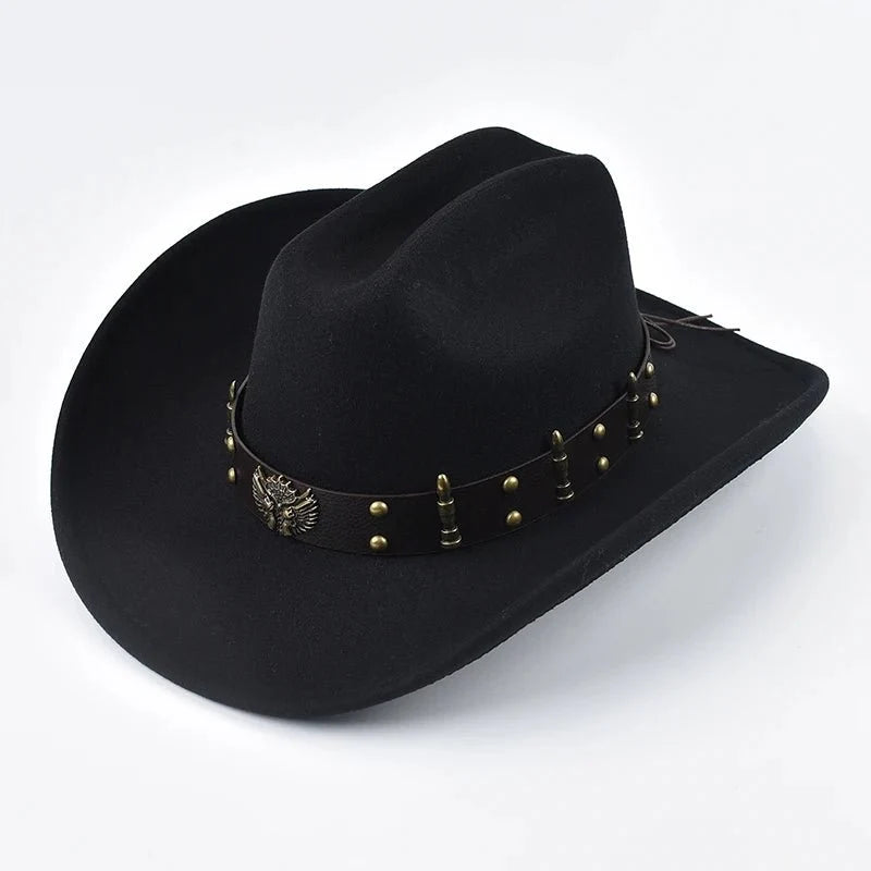 Men Women Western Cowboy Hat with Leather Vintage Big-edge Gentleman Cowgirl Hat Cloche Church Caps