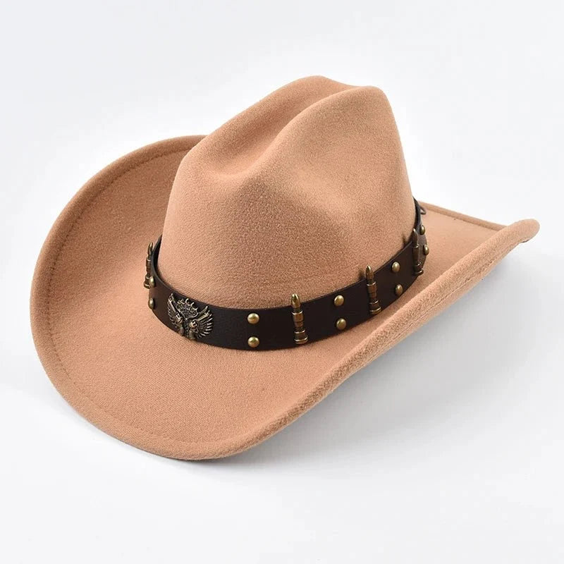 Men Women Western Cowboy Hat with Leather Vintage Big-edge Gentleman Cowgirl Hat Cloche Church Caps