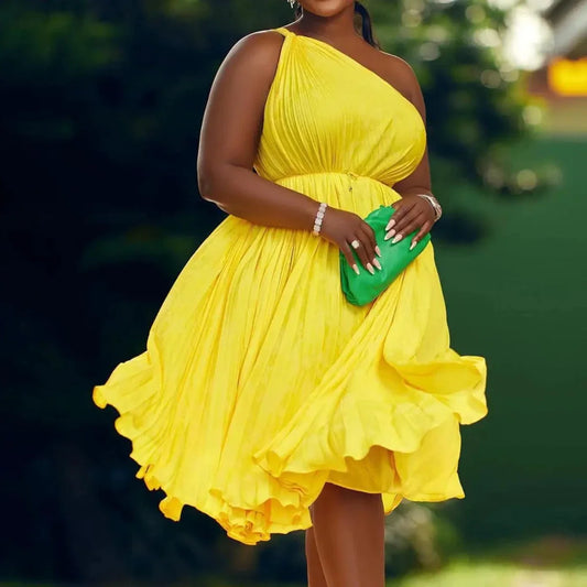 Luxe Couture Ruffle Midi Dress with Flowing Pleats for Effortless Elegance