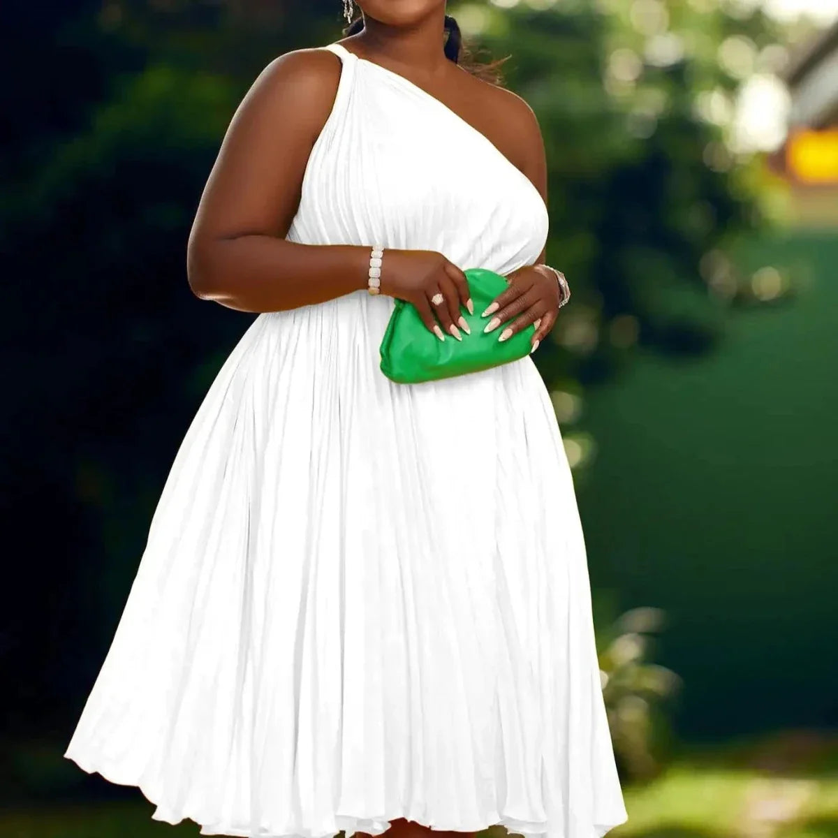 Luxe Couture Ruffle Midi Dress with Flowing Pleats for Effortless Elegance