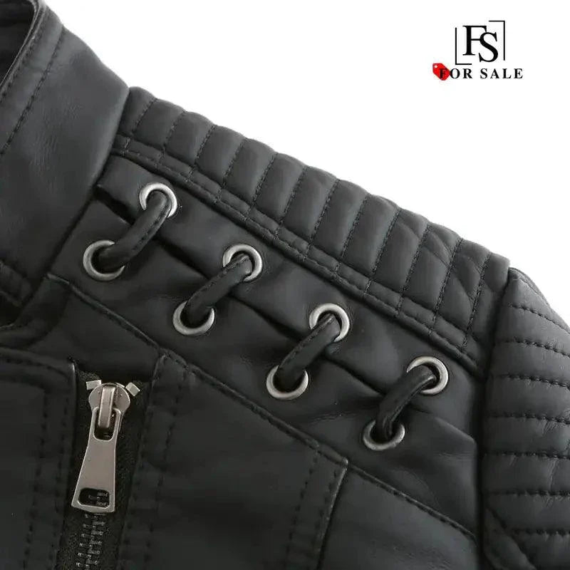Mandotos Chic Feminine Black Leather Coat With Zipper Pockets And Biker Style Details