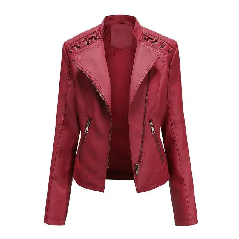 Mandotos Chic Feminine Black Leather Coat With Zipper Pockets And Biker Style Details