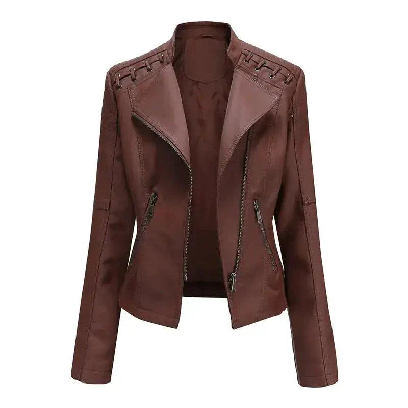 Mandotos Chic Feminine Black Leather Coat With Zipper Pockets And Biker Style Details