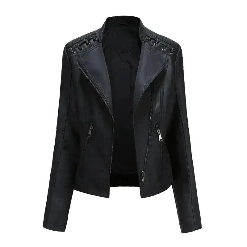 Mandotos Chic Feminine Black Leather Coat With Zipper Pockets And Biker Style Details
