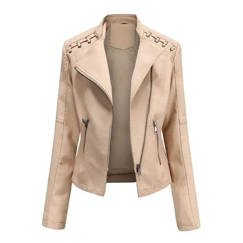 Mandotos Chic Feminine Black Leather Coat With Zipper Pockets And Biker Style Details