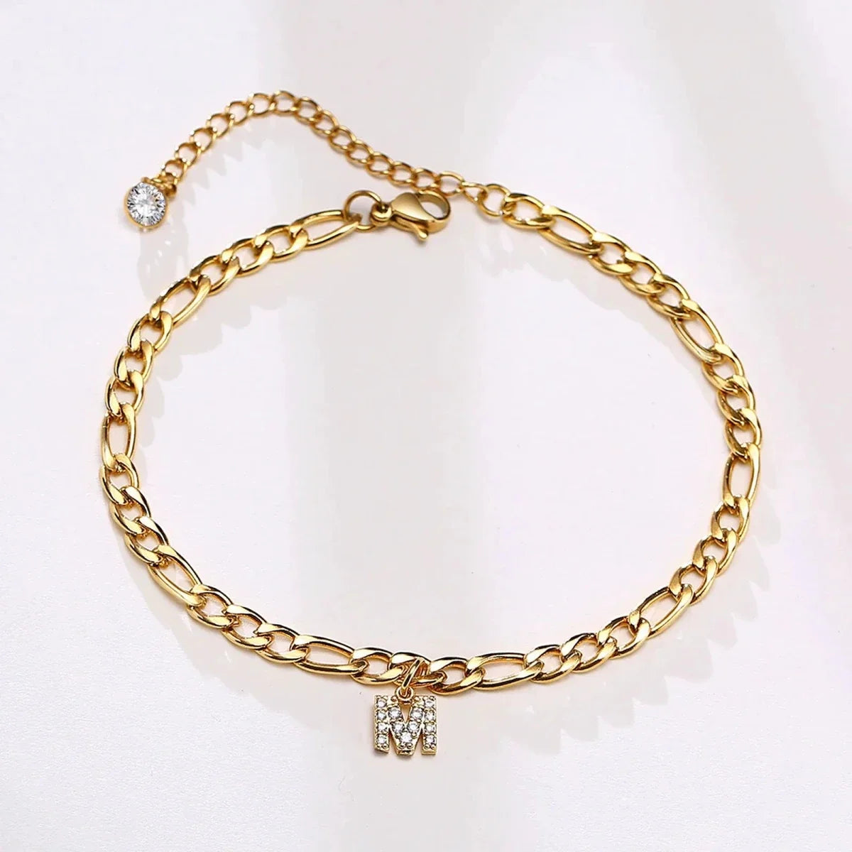 Mandotos Crystal A Z Letter Initial Anklets For Women Cuban Link Stainless Steel Beach Anklet