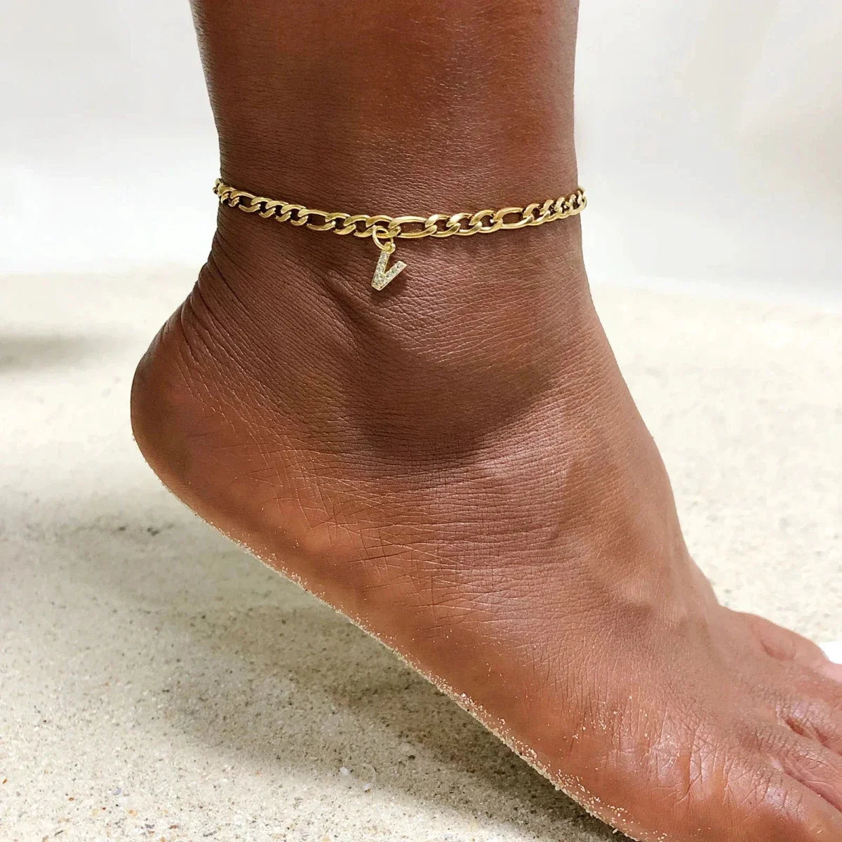 Mandotos Crystal A Z Letter Initial Anklets For Women Cuban Link Stainless Steel Beach Anklet