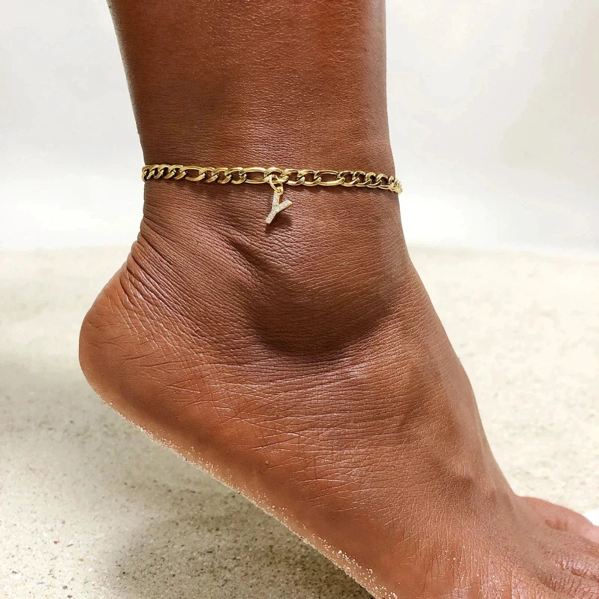 Mandotos Crystal A Z Letter Initial Anklets For Women Cuban Link Stainless Steel Beach Anklet