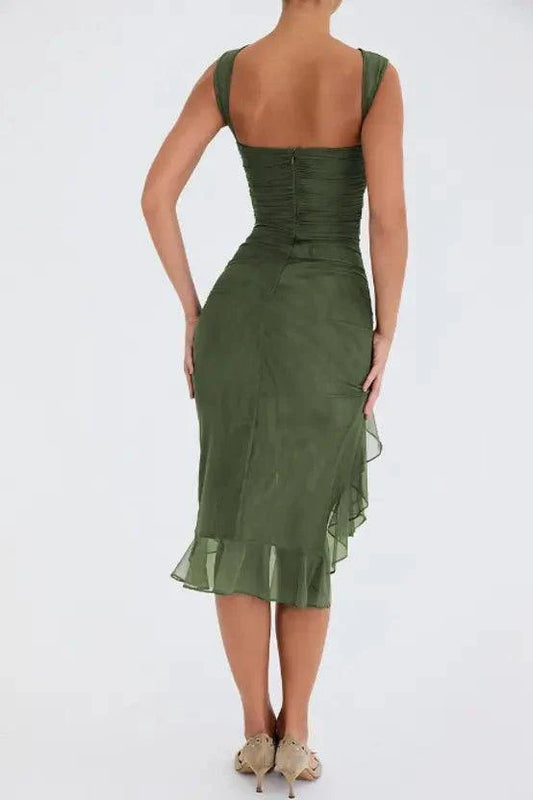 Mandotos Olive Green Ruffled Midi Dress With Ruched Bodice And Tiered Hem For Summer