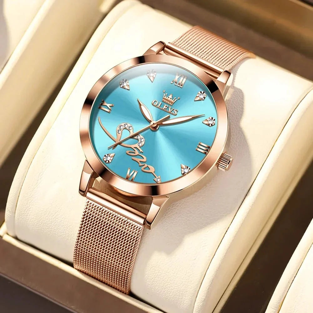 OLEVS Luxury Fashion Ladies' Watches Rose Gold Top Brand Original Quartz Watch for Women Stainless Steel Mesh Strap Love Dial