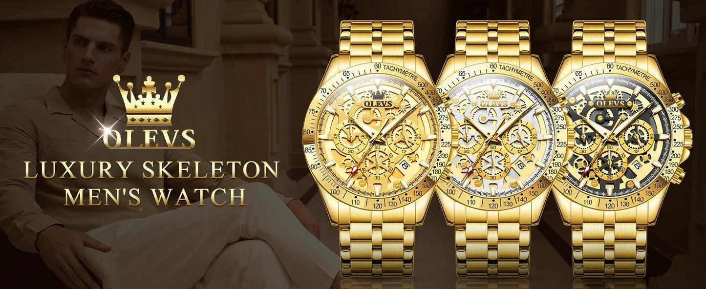 OLEVS Lxuxry Brand Gold Men's Watches Full Skeleton Stainless steel Chronograph Wristwatch Waterproof Luminous Quartz Watch Men