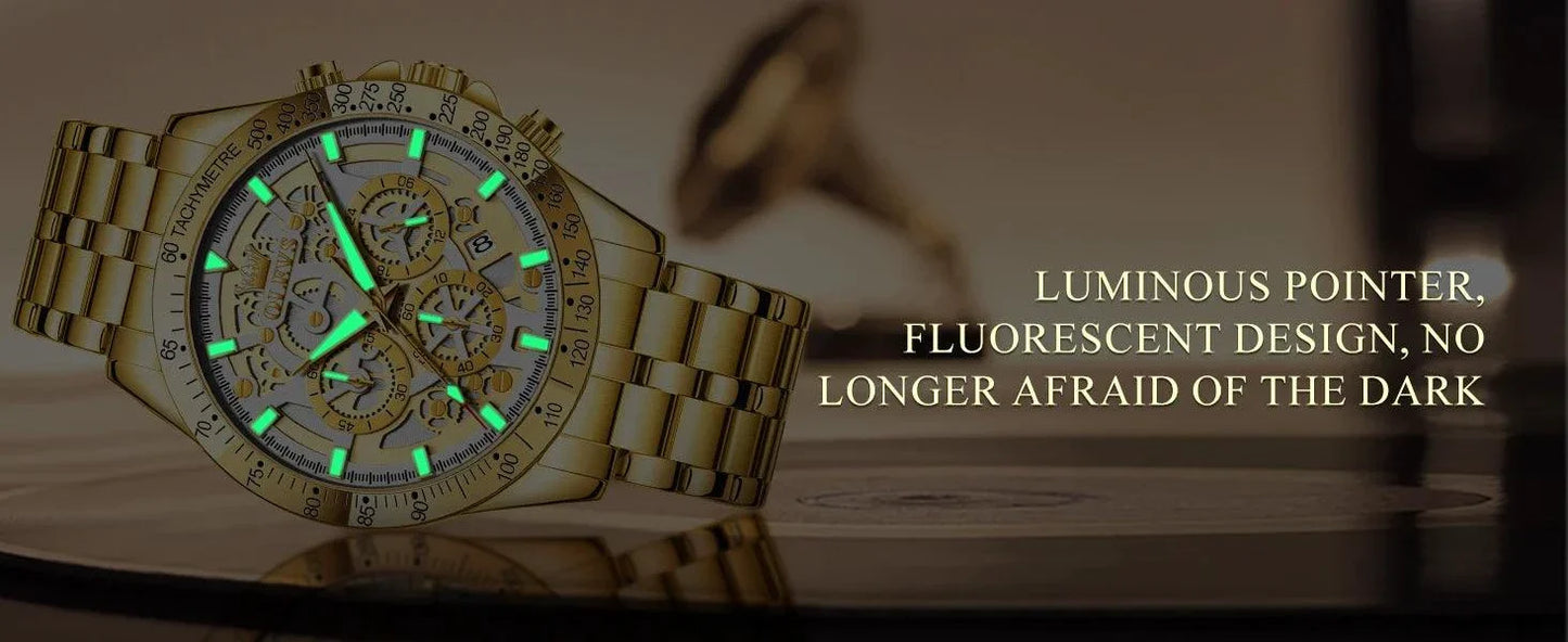 OLEVS Lxuxry Brand Gold Men's Watches Full Skeleton Stainless steel Chronograph Wristwatch Waterproof Luminous Quartz Watch Men