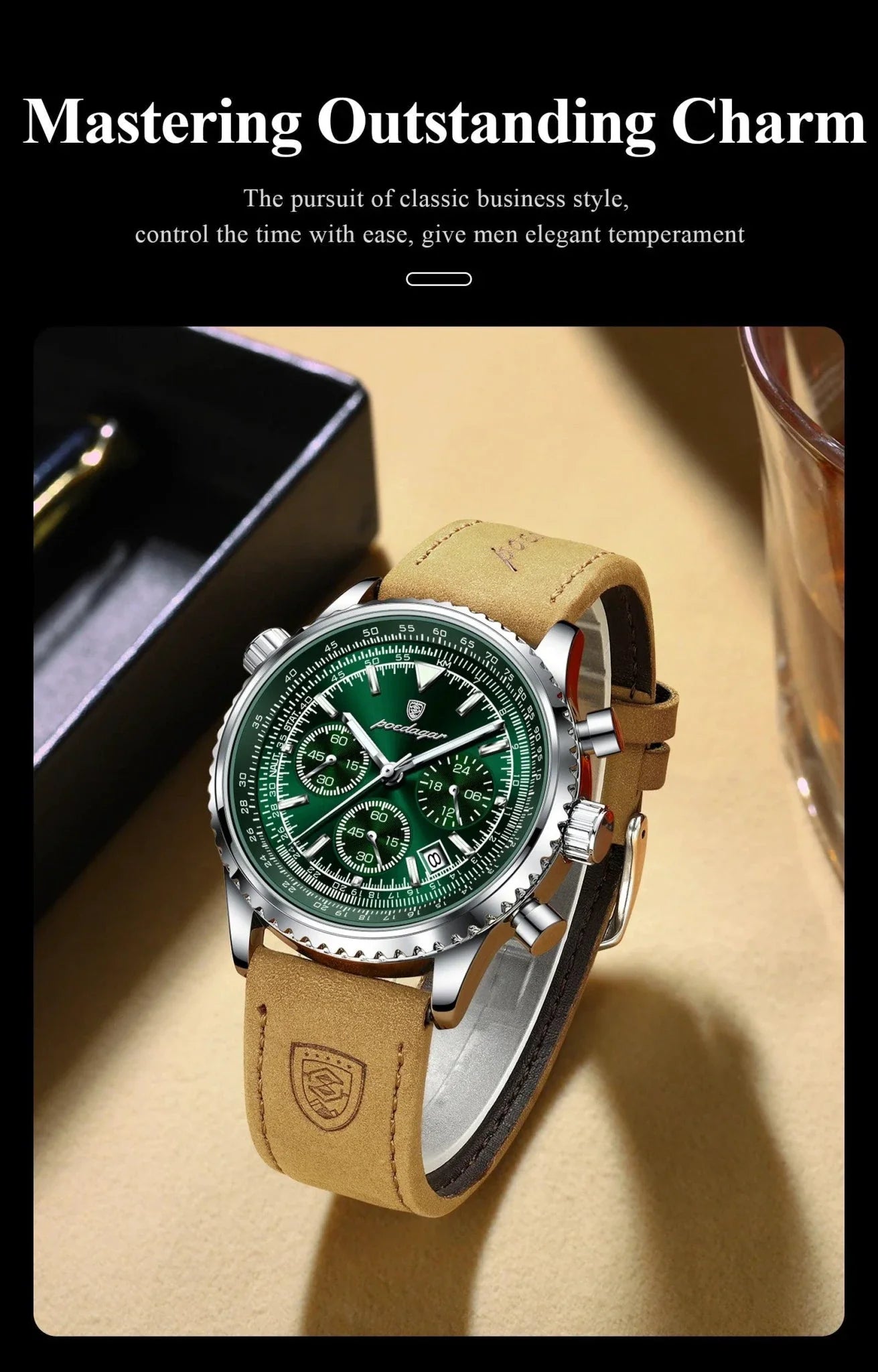 POEDAGAR Men's Luxury Quartz Chronograph Watch - Waterproof, Luminous, Leather - Military Sports Style