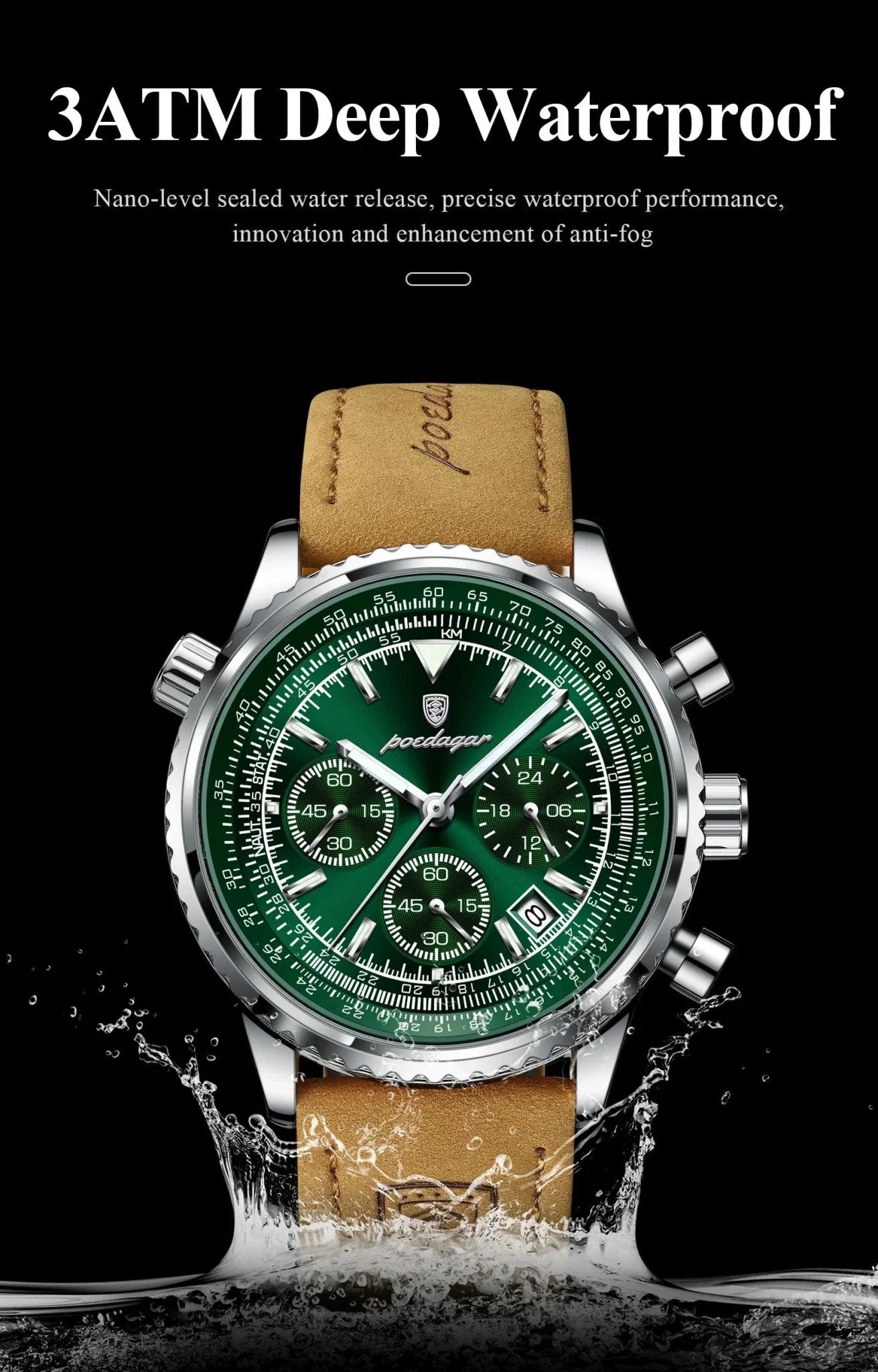 POEDAGAR Men's Luxury Quartz Chronograph Watch - Waterproof, Luminous, Leather - Military Sports Style