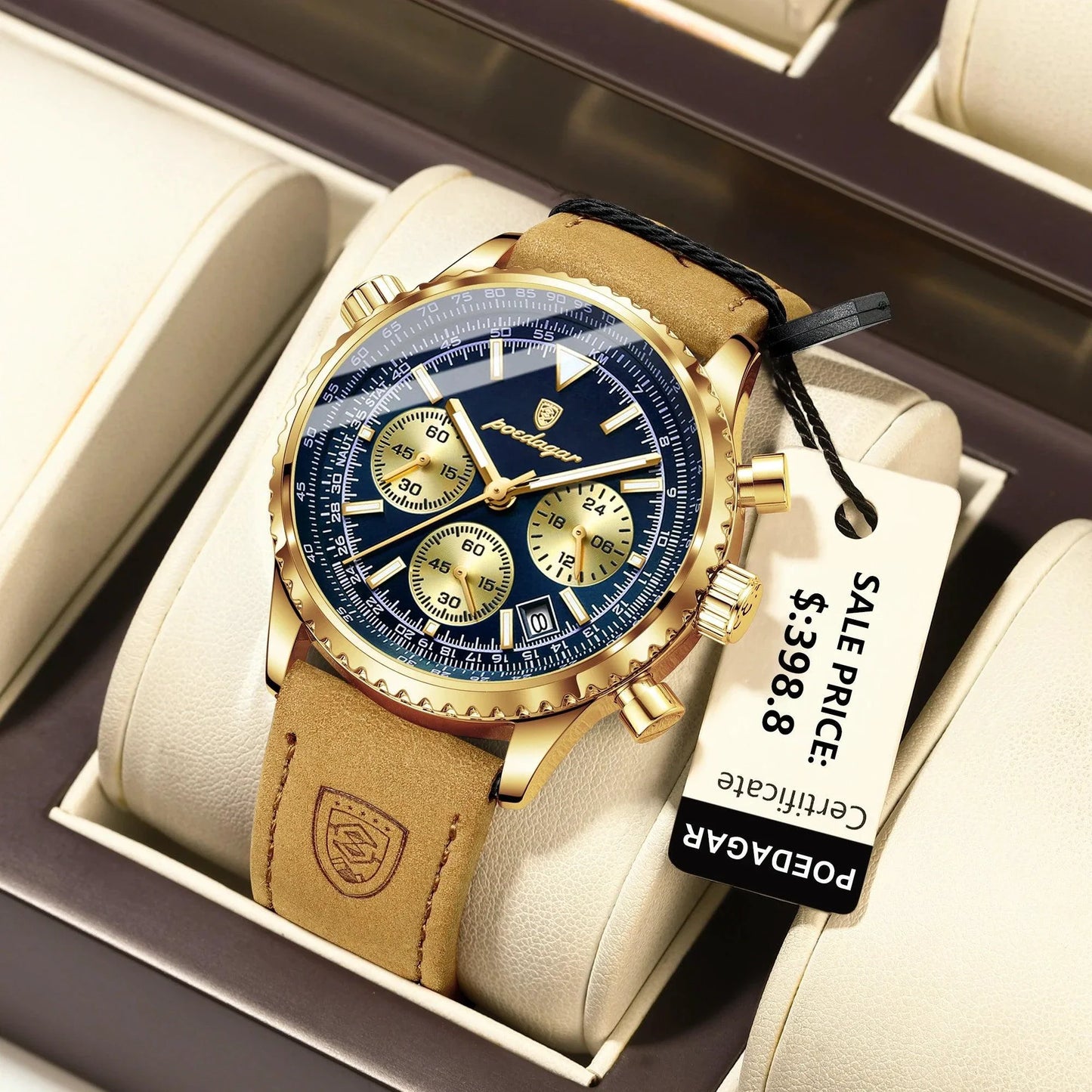 POEDAGAR Men's Luxury Quartz Chronograph Watch - Waterproof, Luminous, Leather - Military Sports Style