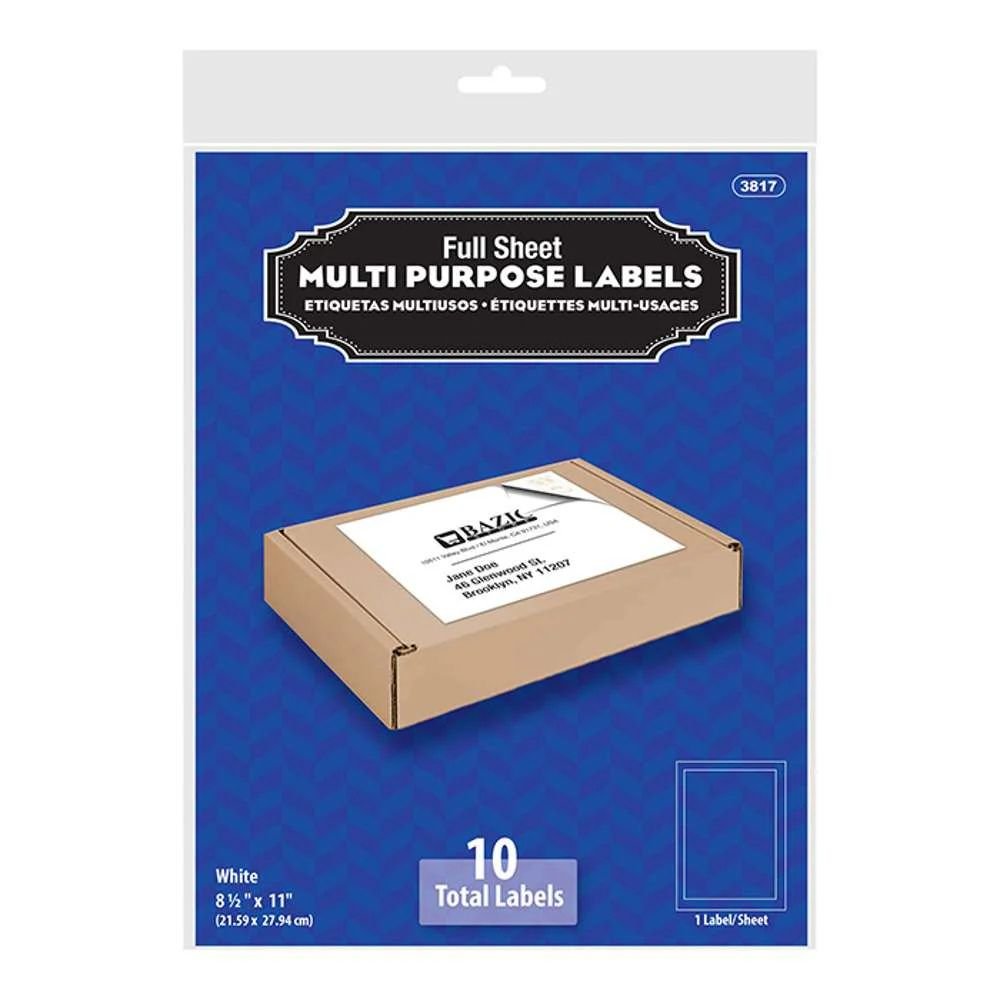 Etiquetas Multiusos Blancas BAZIC Hoja Completa 8.5" X 11" (10/Paquete)