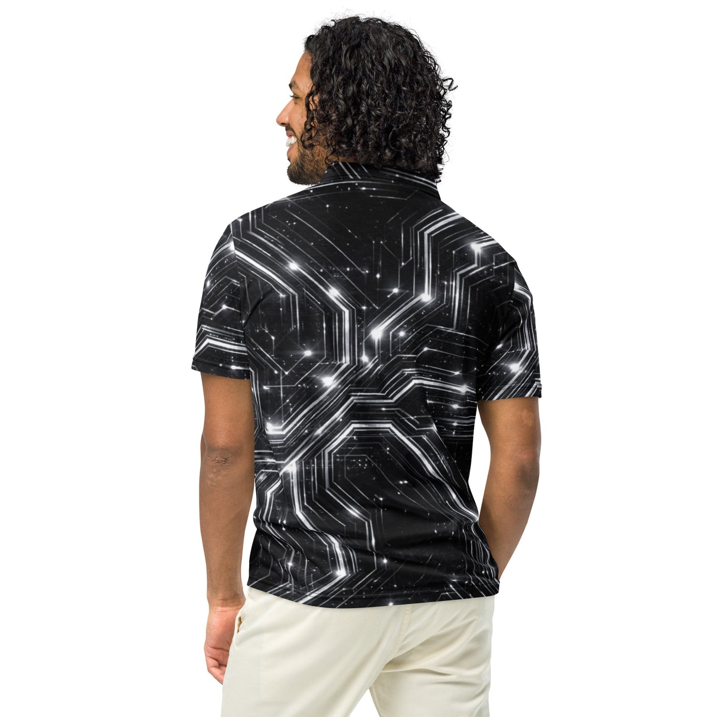 Glitched Circuitry Polo | Black White Tech Pattern Slim Fit