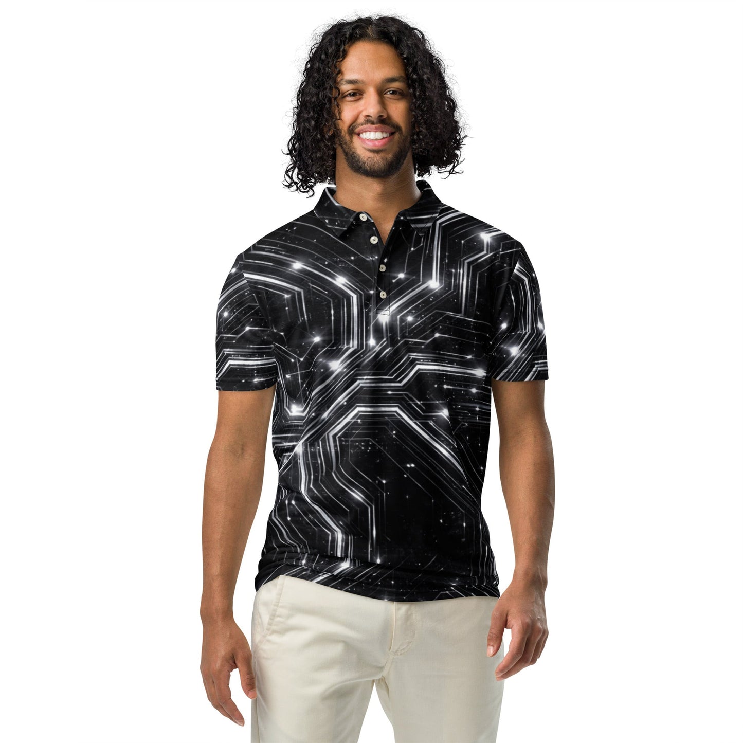 Glitched Circuitry Polo | Black White Tech Pattern Slim Fit