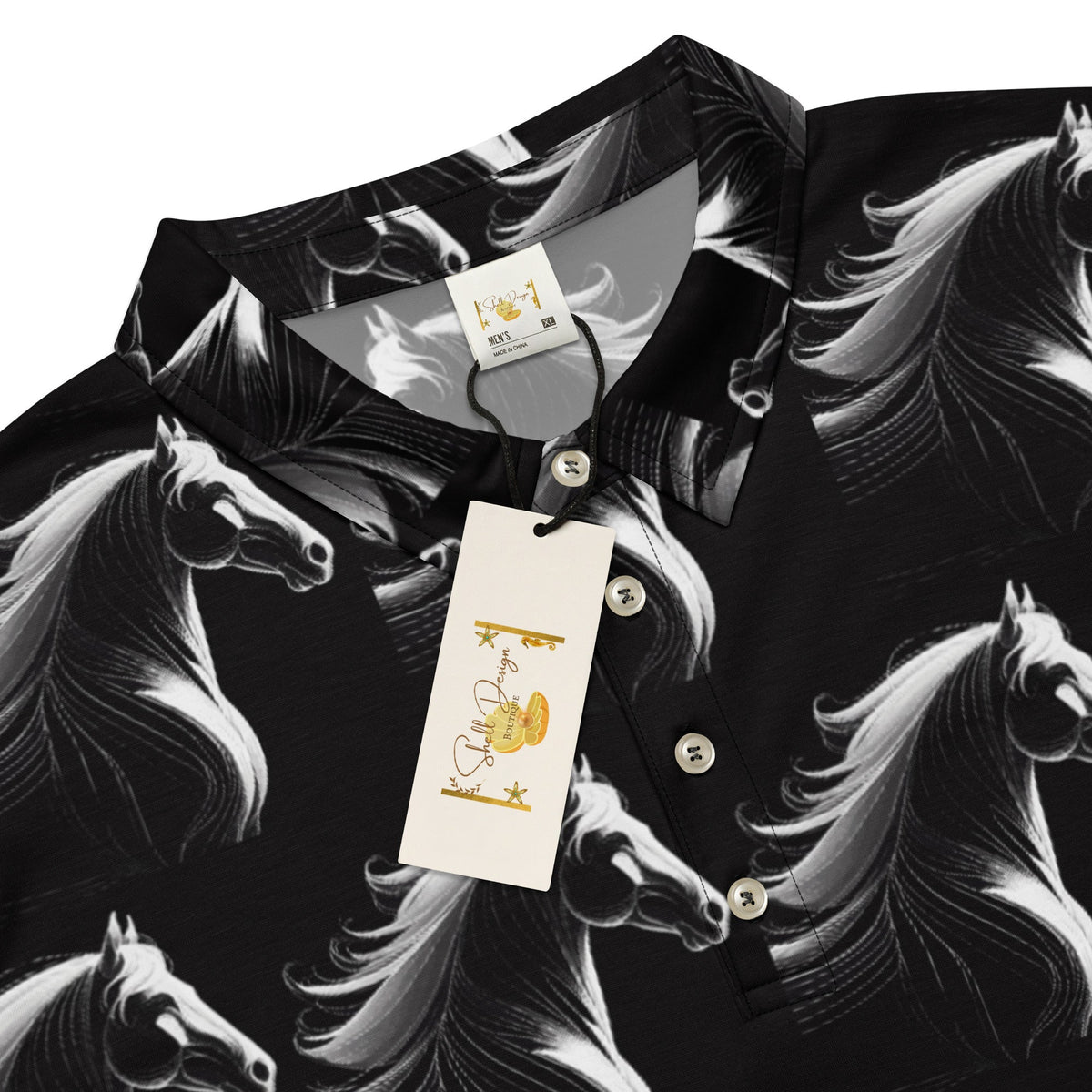 Men’s White Horse on Black Slim Fit Polo Shirt