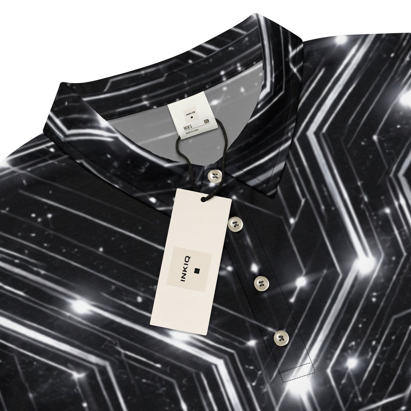 Glitched Circuitry Polo | Black White Tech Pattern Slim Fit