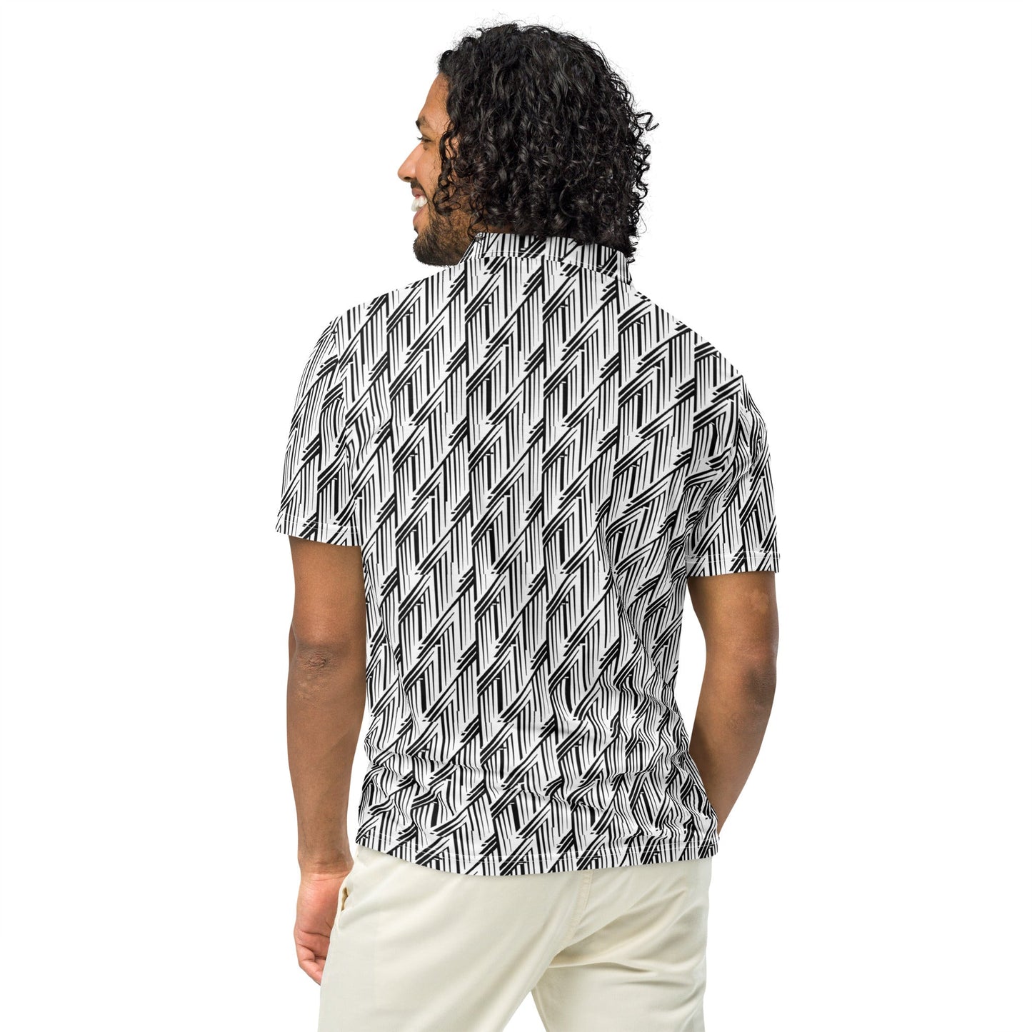 Black and White Glitch Stripe Polo | Minimalist Geometric Slim Fit