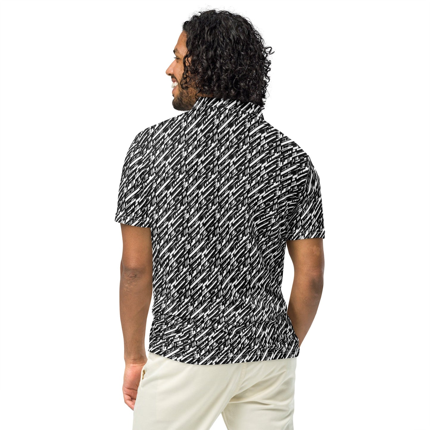 High-Energy Glitch Stripes Polo | Futuristic Black White Slim Fit