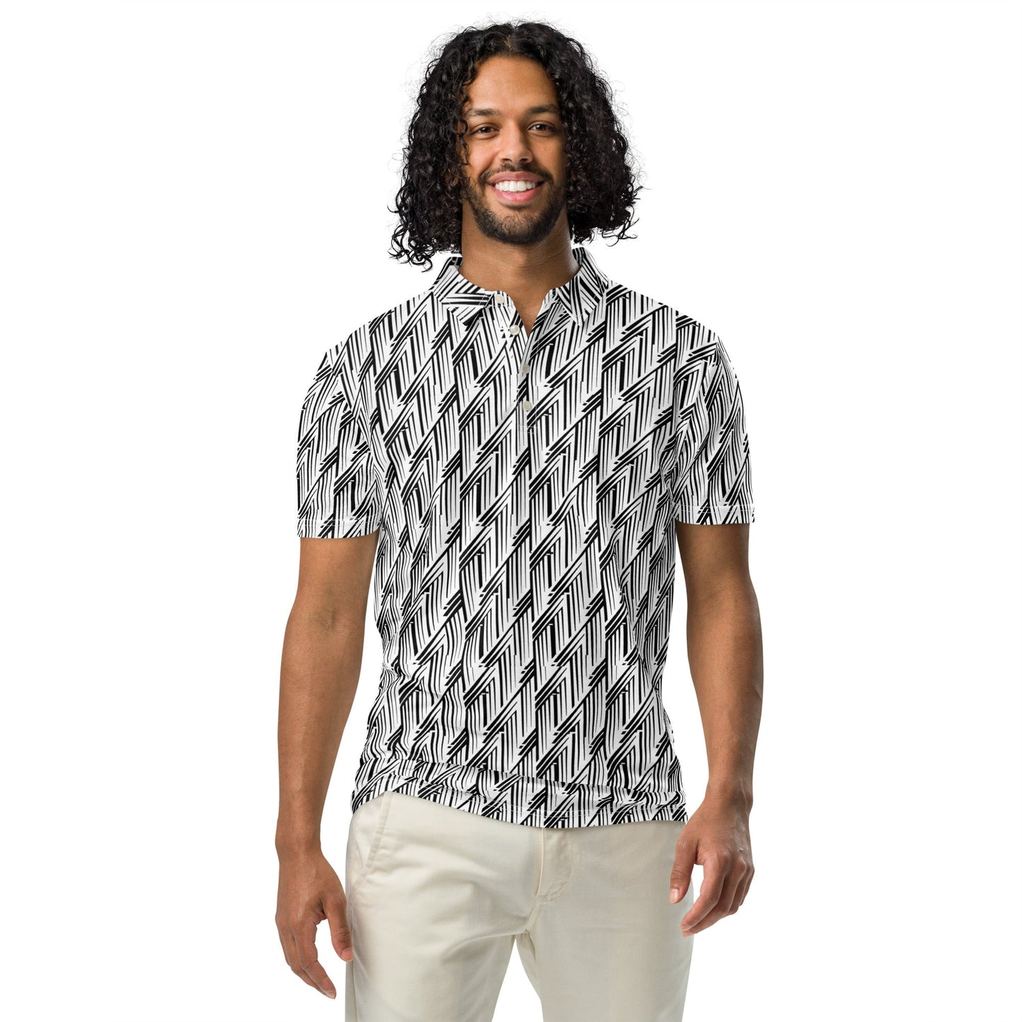 Black and White Glitch Stripe Polo | Minimalist Geometric Slim Fit