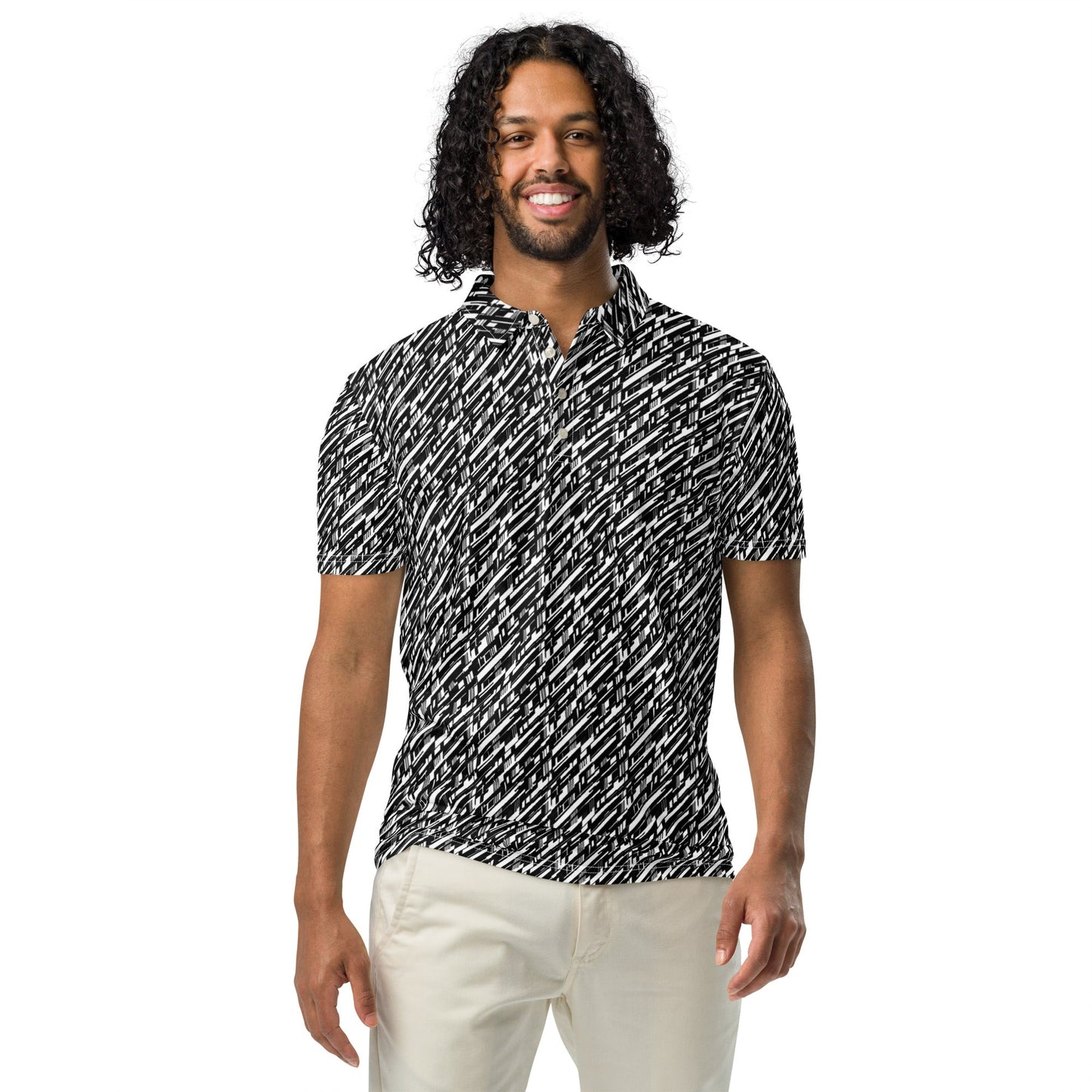 High-Energy Glitch Stripes Polo | Futuristic Black White Slim Fit