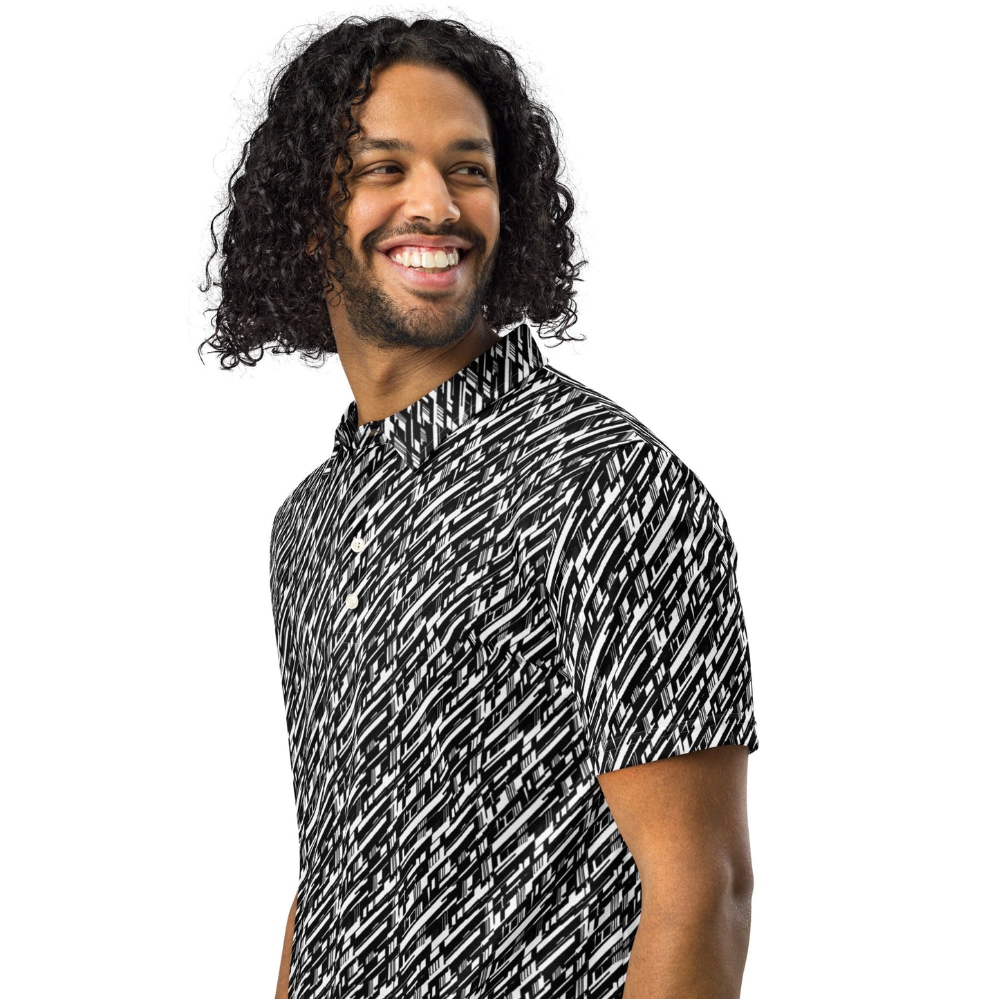 High-Energy Glitch Stripes Polo | Futuristic Black White Slim Fit