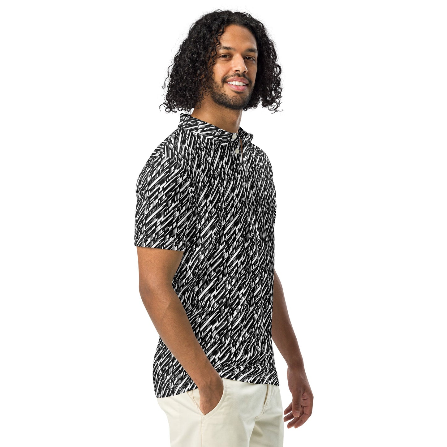 High-Energy Glitch Stripes Polo | Futuristic Black White Slim Fit